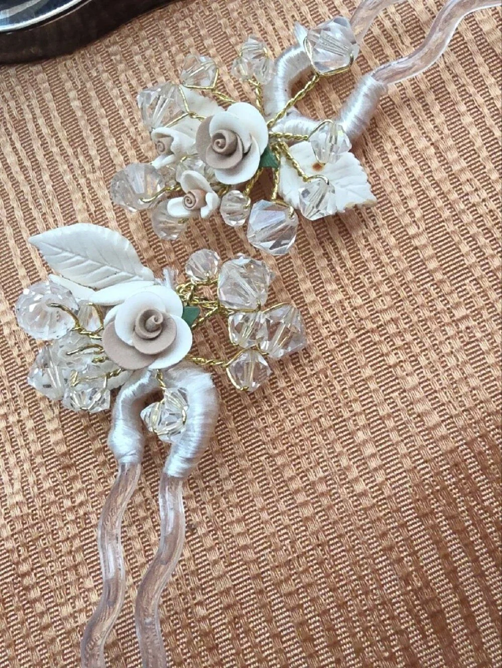 Elegant Cream Floral Hair Forks with Crystal Accents